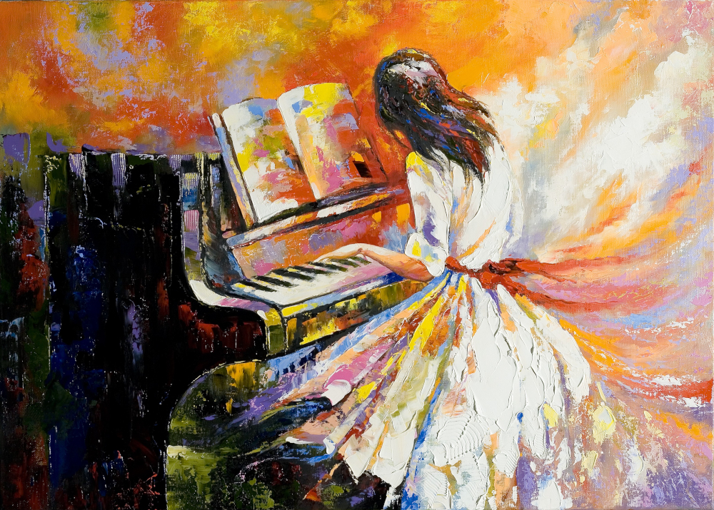 oil painting of girl playing piano