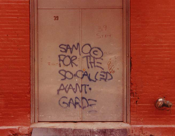 SAMO, 1978. One of many messages left around NYC by Basquiat and Diaz.This statement, “SAMO© FOR THE SO-CALLED AVANT-GARDE”, is intended to make people question their own preconceived notions of what thinking outside of the box means and open the door to a higher creativity