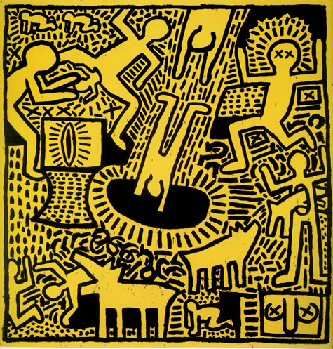“Untitled”, Haring, 1981. Classic Haring themes of birth, death, and chaos are present here. Similar to Basquiat’s “Untitled”, this piece gives a window into how Haring viewed his environment: a place where everything occurred at once. Attention is not directed into any one part of the piece, emphasizing how all of the individual stories unfolding have equal weight in the grand scheme.